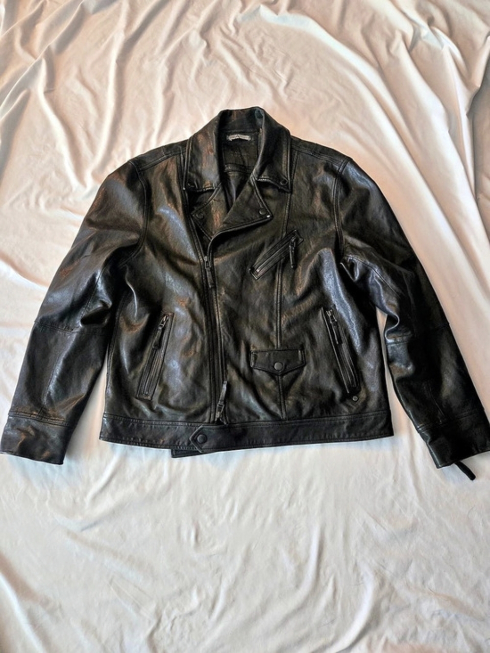 Madison Supply Black Leather Moto Jacket Asymmetrical Zip Mens XL